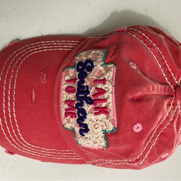 KBethos Vintage Distressed “Talk Southern To Me Embroidered Patch Coral Pink Hat - Picture 2 of 7
